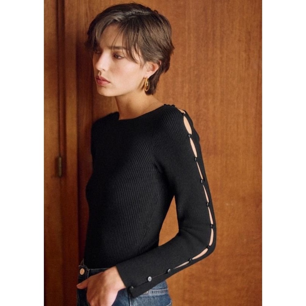 Sezane Grace Black Ribbed Merino Wool Cotton Bodysuit Button Sleeve  Size S